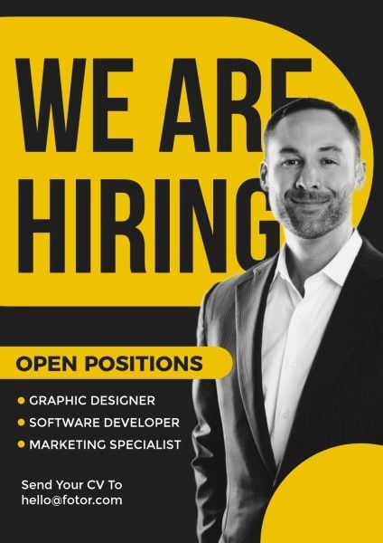 hire, employment, recruit, Black And Yellow Modern We Are Hiring Poster Template