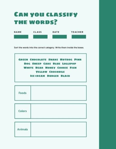 exercise, letter, simple, Green English Words Classify Worksheet Template