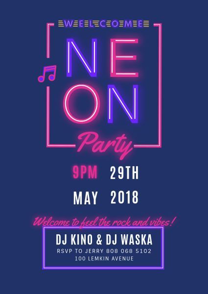event, music, night, Neon Party Invitation Template