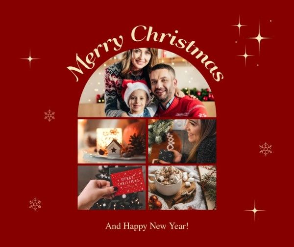 holiday, celebration, greeting, Red Merry Christmas Family Photo Collage Facebook Post Template