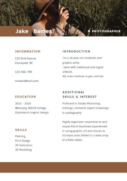 cv, job, work, Photographer Brown Retro Simple Resume Template