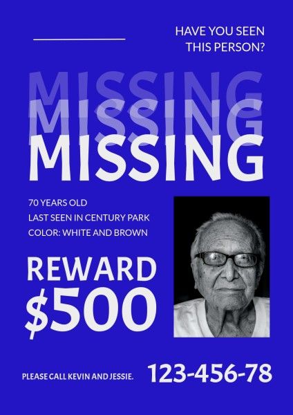 help, reward, lost, Blue Missing Person Search Notice Poster Template
