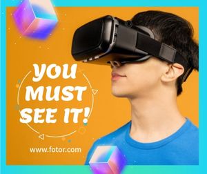 technology, boy, character, Blue And Yellow VR Game Facebook Post Template