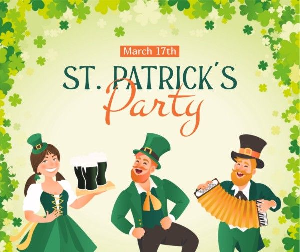 st patricks day, happy st patricks day, st. patrick, Green Cartoon Saint Patricks Day Party Event Facebook Post Template