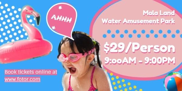 kid, chilren, swimming, Pink And Blue Children Water Amusement Park Ads Twitter Post Template