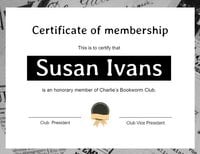 certificate of membership, book club, black, Bookworm Club Membership Certificate Template