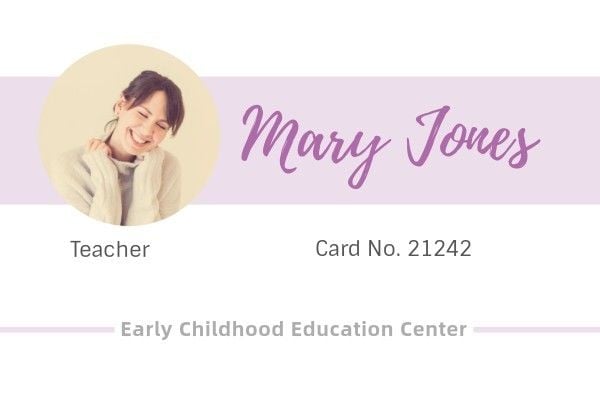 company, id badge, job, Purple And White Early Education Teacher ID Card Template
