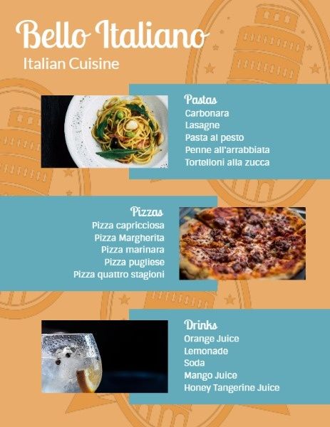 pasta, pizza, drink, Italian Cuisine Menu Template