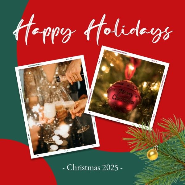 merry christmas, joy, party, Red Happy Holidays Christmas 2025 Photo Collage (Square) Template