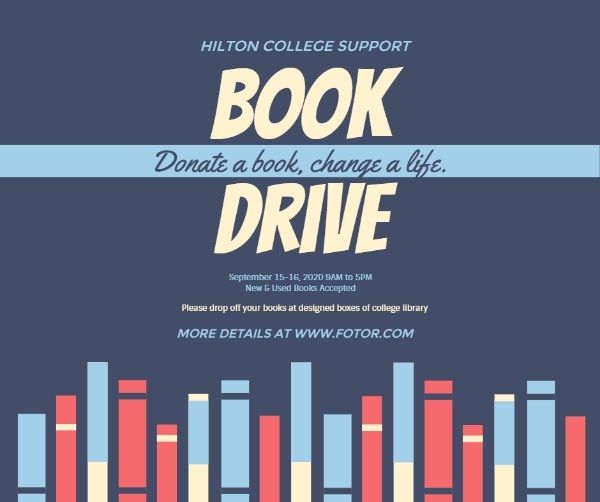 donation, charity, read, Blue Background Of Book Drive Facebook Post Template