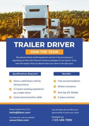 hire, employment, recruit, White Blue Hiring Trailer Driver  Poster Template