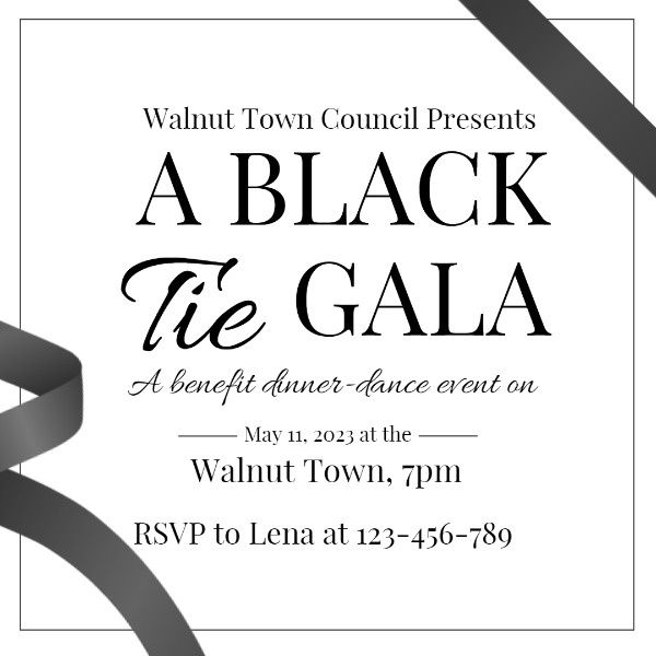 invitation, invite, ribbon, Simple Black And White Black Tie Gala Instagram Post Template