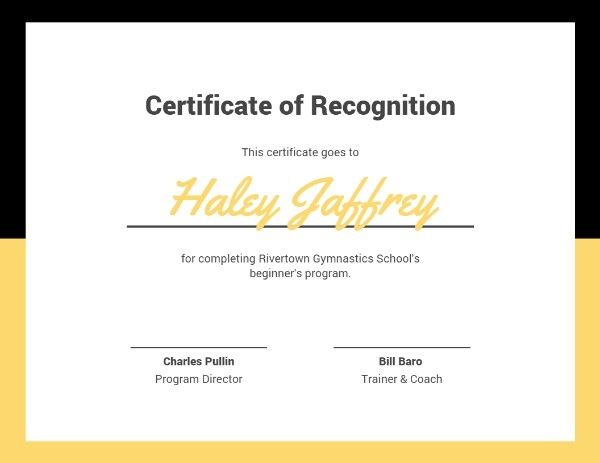 certificate of recognition, program, course certificate, Yellow Black Recognition Certificate Template