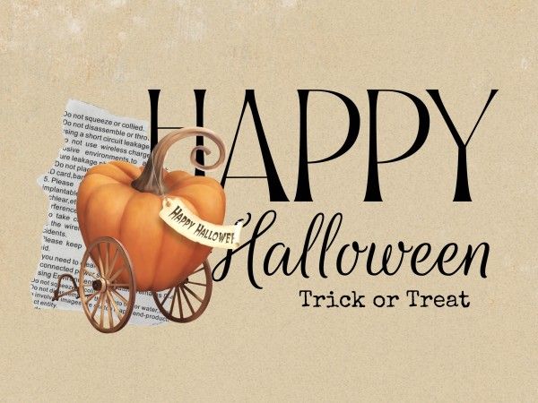 trick or treat, spooky, pumpkin carriage, Brown Vintage Cute Cartoon Happy Halloween Wish Card Template
