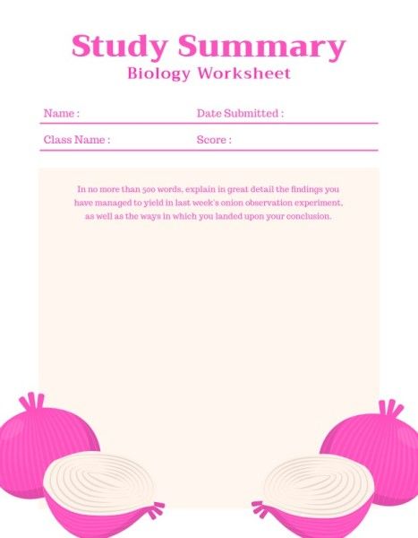 biology worksheet, school, education, Pink Onion Biology Study Summary Worksheet Template