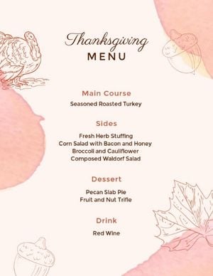 holiday, watercolor, lunch, Pink Illustration Thanksgiving Dinner Menu Template