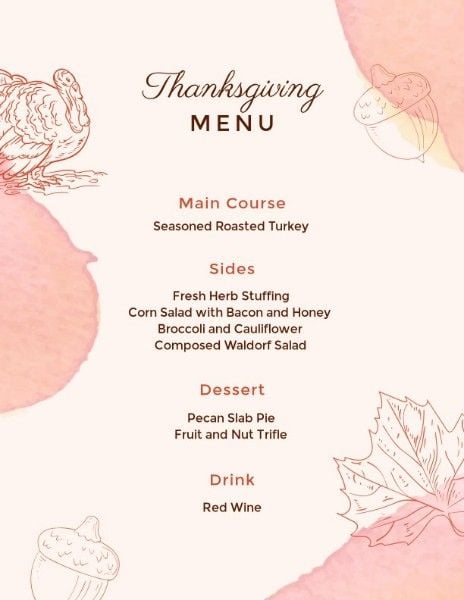holiday, watercolor, lunch, Pink Illustration Thanksgiving Dinner Menu Template