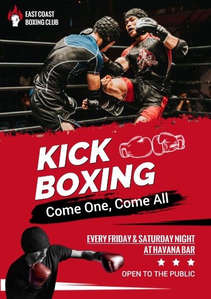 club, admissions, sport, Red Kick Boxing Game Poster Template