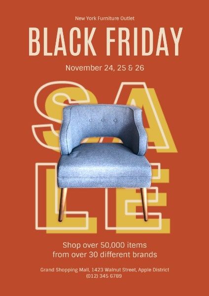 discount, outlet, promotion, Orange Black Friday Furniture Super Sale Poster Template