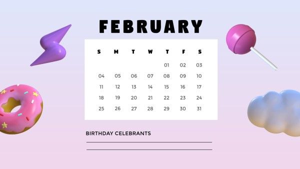 cloud, february, monthly, Cute Gradient 3D Birthday Calendar Calendar Template