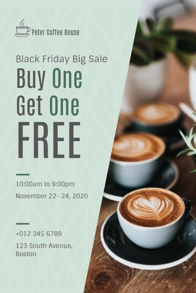 coffee sale, big sale, buy one get one free, Black Friday Coffee House Sale Pinterest Post Template