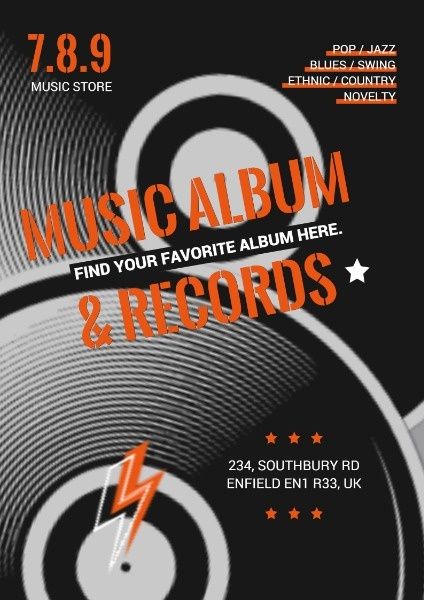 audio, store, lightning, Music Album And Records Sale Poster Template