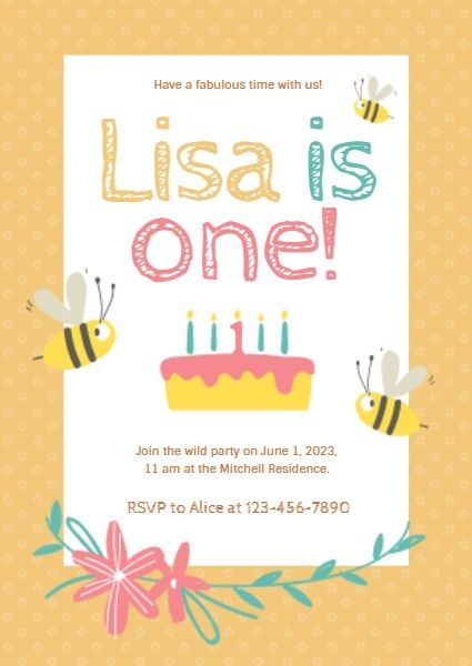 happy birthday, party, events, Cute Bee And Cake Kid's Birthday Invitation Template