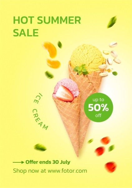 promotion, discount, dessert, Yellow Modern Ice Cream Summer Sale Poster Template
