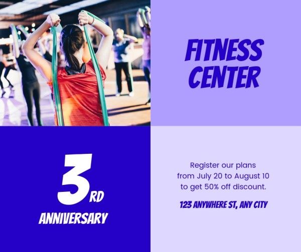workout, discount, gym, Purple Modern Fitness Center Anniversary Facebook Post Template