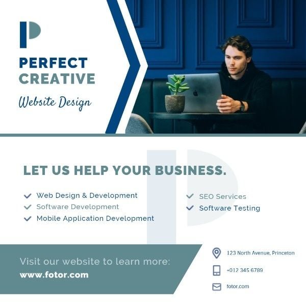 白と青のシンプルなビジネスウェブデザインマーケティング広告 Instagram投稿