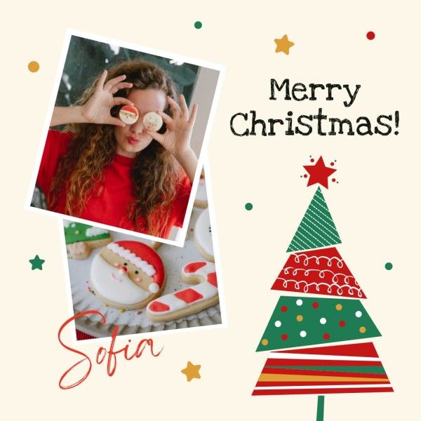 Merry Christmas Illustration Tree Collage Photo Collage (Square)