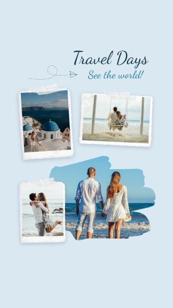 travel, journey, trip, Soft Blue Polaroid Vacation Collage Photo Collage 9:16 Template
