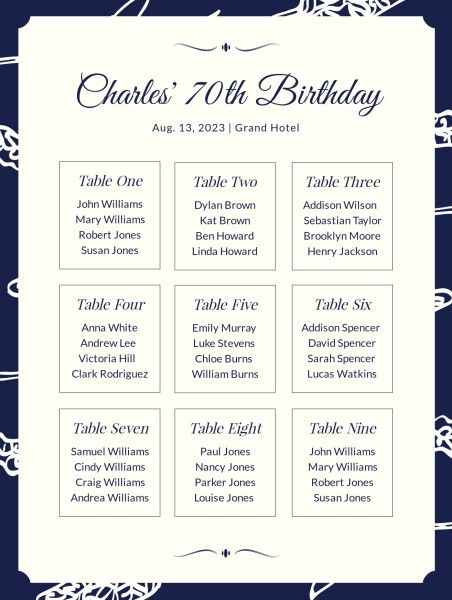 party, gathering, people, White And Blue Background Seating Chart Template