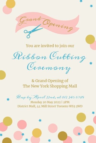 celebration, business, ribbon cutting ceremony, Pink And Yellow Grand Opening Cutting Ribbon Invitation Pinterest Post Template