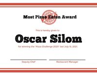 Most Pizza Eaten Award Certificate
