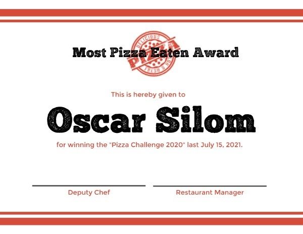food competition certificate, food competition, competition, Most Pizza Eaten Award Certificate Template