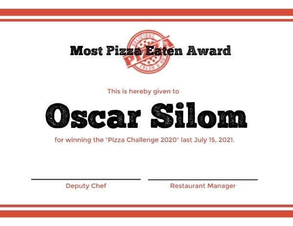 Most Pizza Eaten Award Certificate Certificate