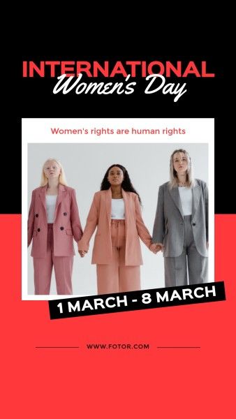 march 8, women's rights, gender equality, Red And Black International Women's Day Instagram Story Template