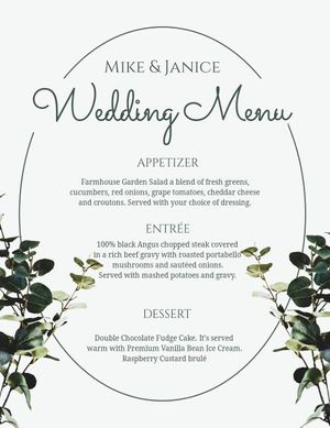 dinner, food, cuisine, Twig Wedding Menu Template