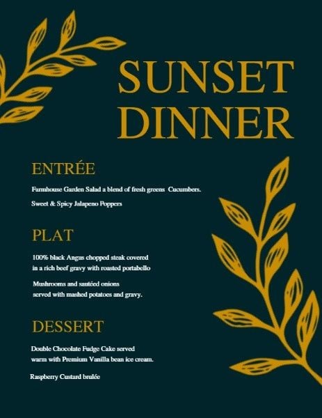 restaurant, food, cafeteria, Sunset Dinner Menu Template