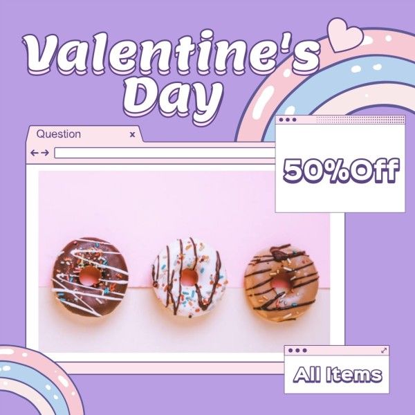 valentines day, promotion, discount, Purple Valentines Donut Dessert Sale Instagram Post Template