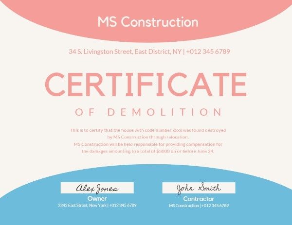 Certificate Of Demolition Certificate