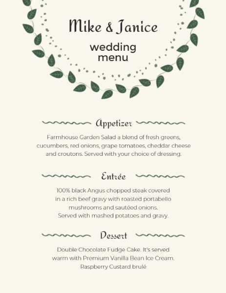 Online Cute Green Leaves Wedding Menu Template | Fotor Design Maker