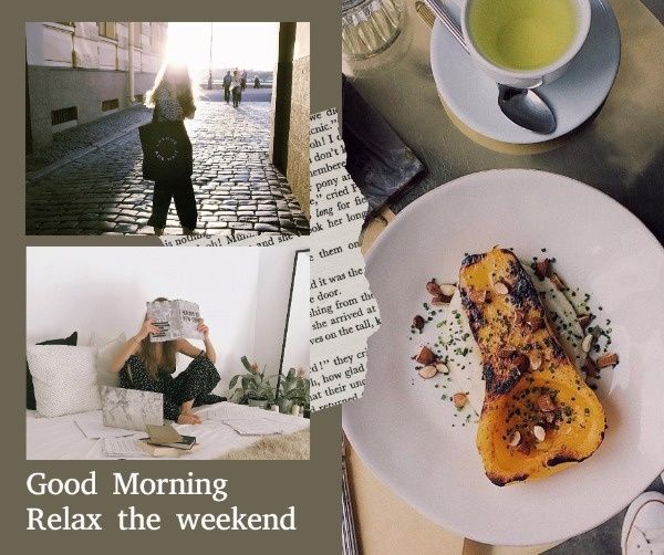 good morning, travel, eat, Green Relaxing Weekend Hours Facebook Post Template