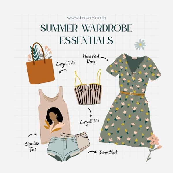 outfit, clothes, fashion, Green White Illustration Summer Wardrobe Essentials Instagram Post Template