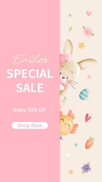easter day, discount, promo, Pastel Pink Cute  Illustration Easter Sale Instagram Story Template