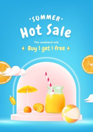 promotion, fruit, drink, Blue 3d Illustration Orange Juice Summer Sale Poster Template