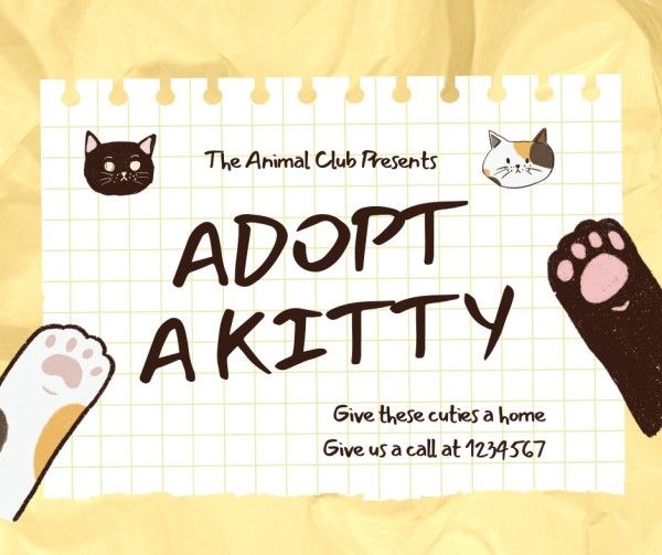cat, animal, pet, Yellow Adopt A Cute Kitty Facebook Post Template