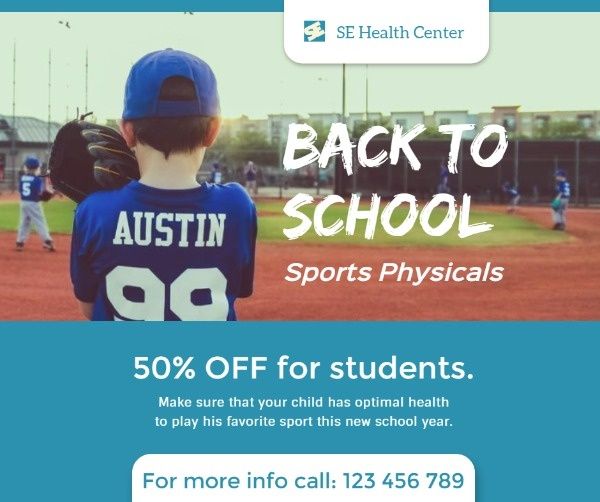 kids, exercise, sport, Student Back To School Physicals Facebook Post Template