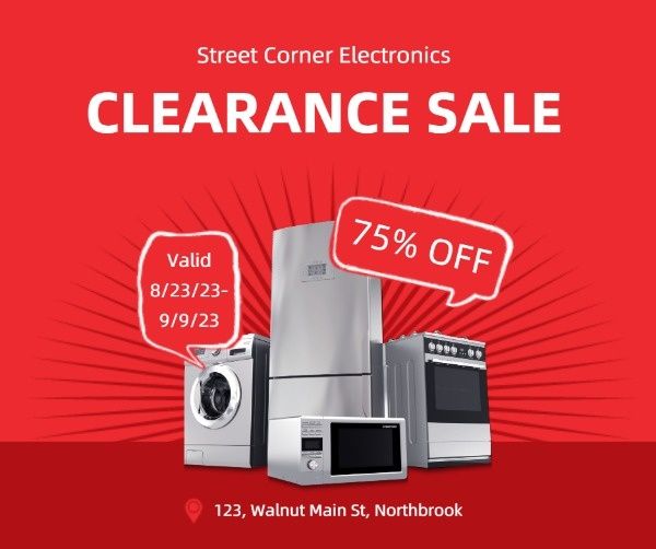 electronics, promotion, discount, Red Appliance Clearance Sale Facebook Post Template